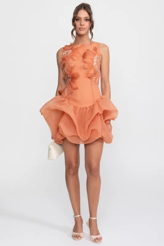 3D Feather Applique Peplum Mini Dress With Crystal Beads - Orange made by Sierra darien