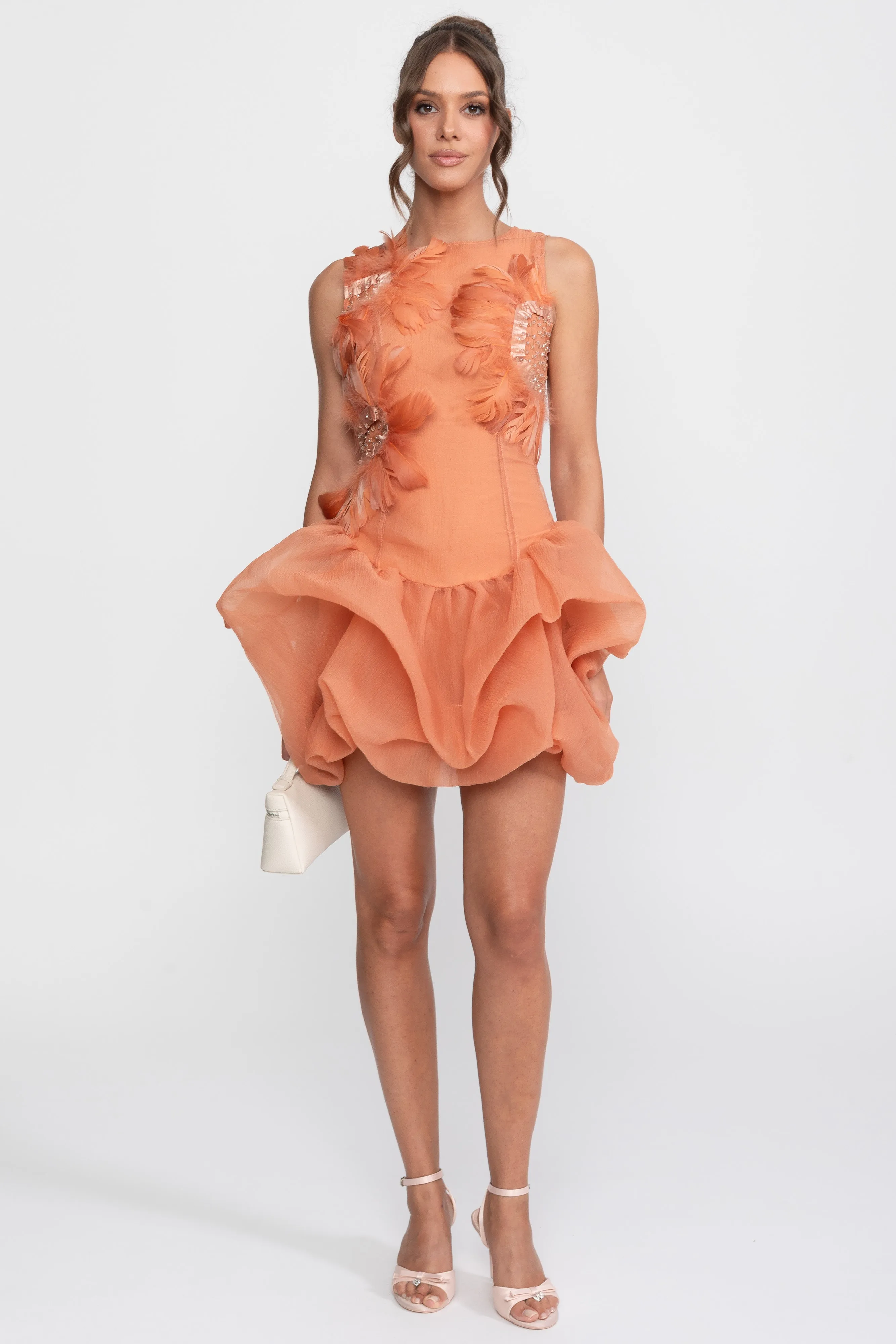 3D Feather Applique Peplum Mini Dress With Crystal Beads - Orange sold by Sierra darien