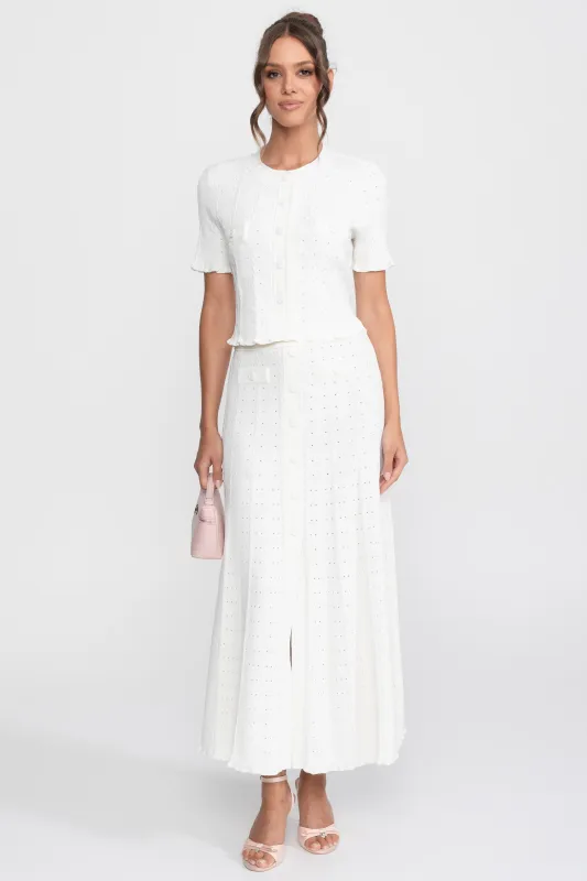 Ribbed Knit Co-Ord Set With Buttoned Front Cardigan And Matching Maxi Skirt - White made by Sierra darien