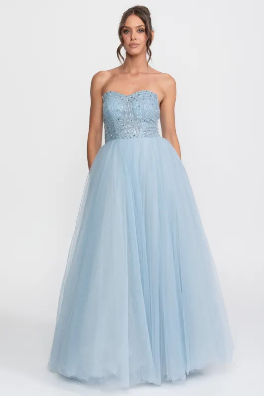 Tulle Strapless Ball Gown With Sequin Embellishments - Light Blue made by Sierra darien
