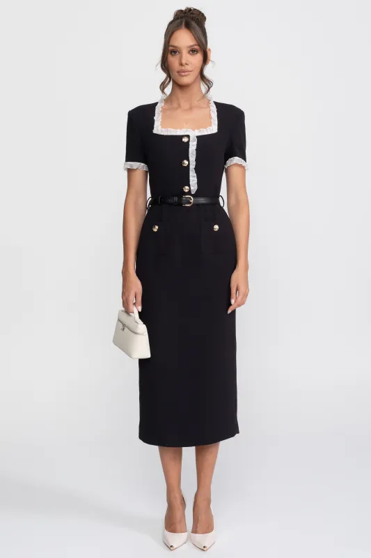Square Neck Belted Midi Dress With White Ruffle Trim - Black made by Sierra darien