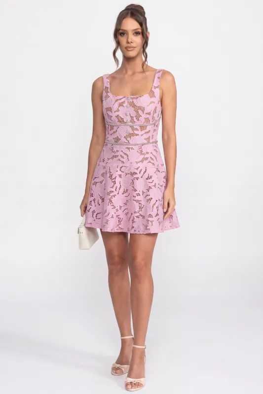Floral Lace Mini Dress With Crystal Trim Waist - Pink made by Sierra darien