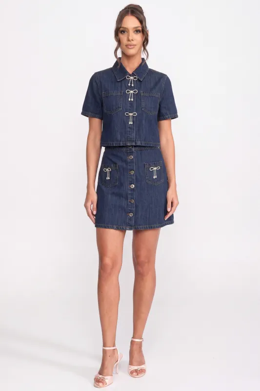 Denim Shirt And A-Line Skirt Co-Ord Set With Sparkling Bow Details - Blue made by Sierra darien