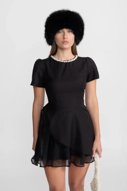 Pearl-Trim Satin Mini Dress - Black made by Sierra darien