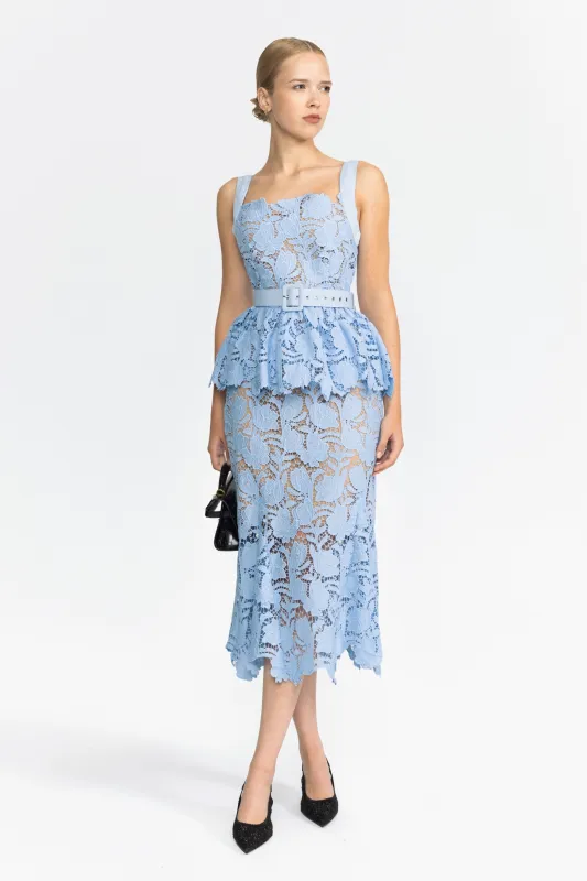 Guipure Lace Peplum Midi Dress - Light Blue made by Sierra darien