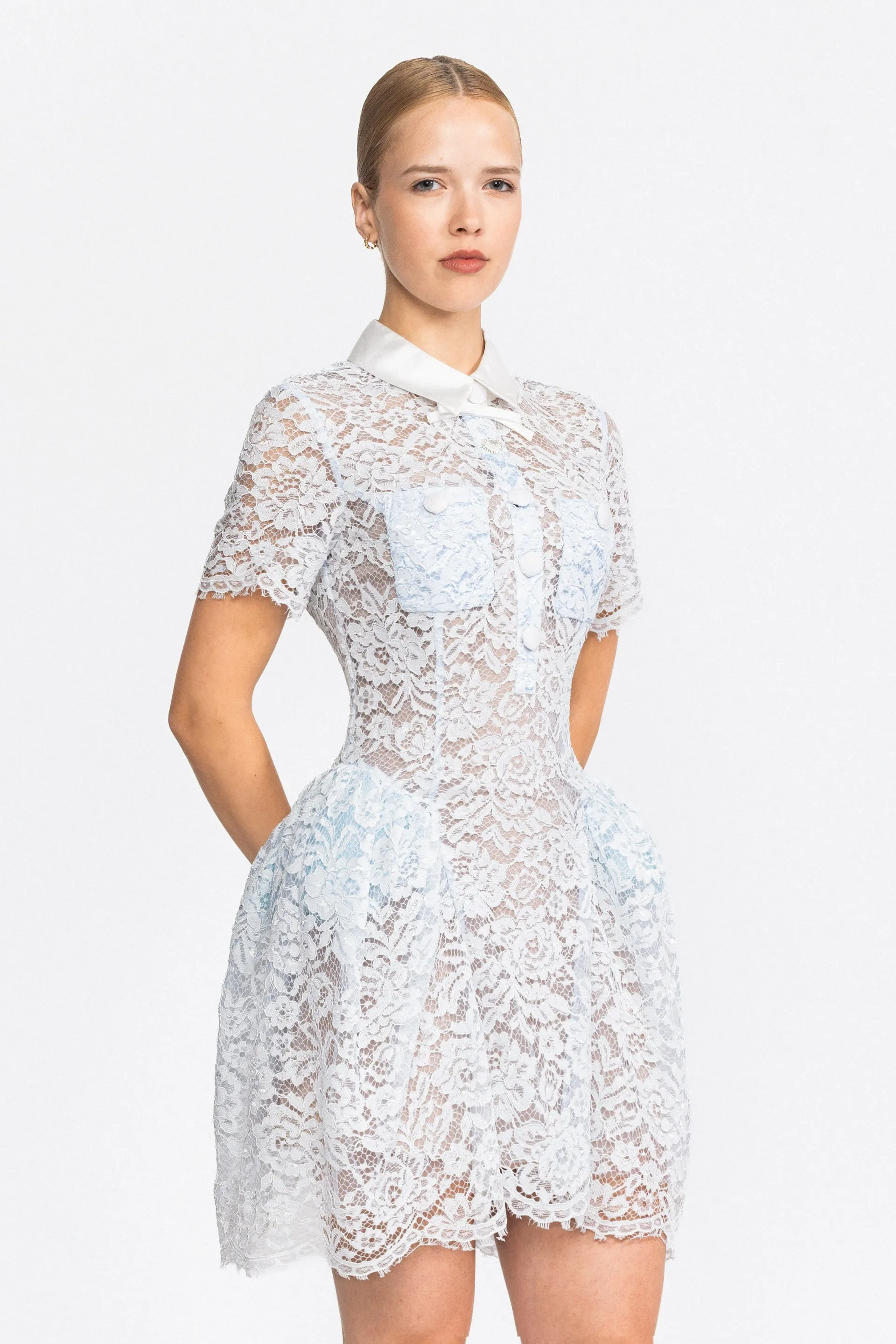 Satin Collar Lace Bubble Mini Dress - Light Blue sold by Sierra darien