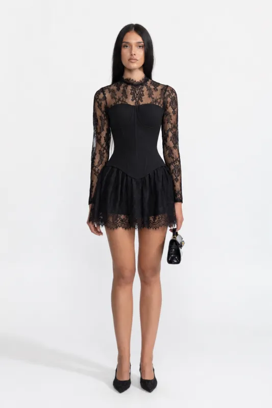 Lace Yoke Corset Mini Dress with Lace Ruffle Skirt - Black made by Sierra darien