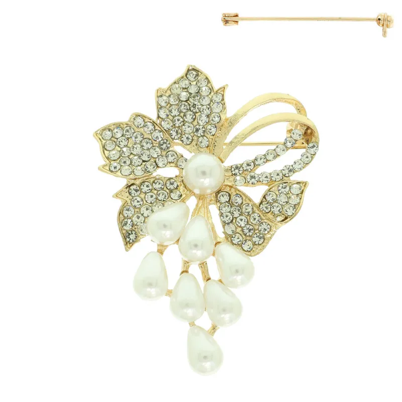 GOLD CREAM PEARL BROOCH CLEAR STONES ( 107 GCR ) sold by Oh My Jewelry
