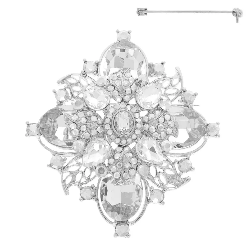 SILVER CLEAR CRYSTAL FLOWER PIN ( 102 RCL ) sold by Oh My Jewelry