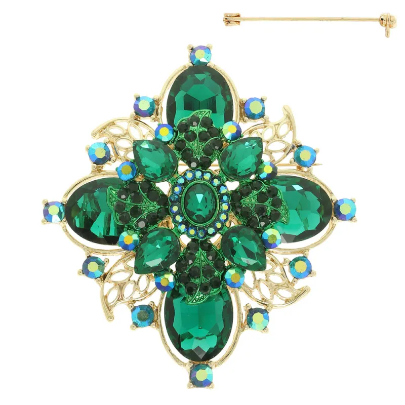 GOLD GREEN CRYSTAL FLOWER PIN ( 102 GGR ) made by Oh My Jewelry