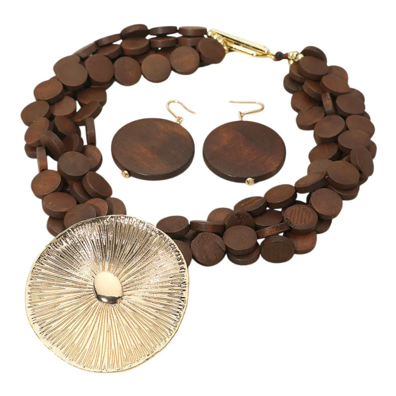 GOLD BROWN WOOD NECKLACE SET ( 1547 BR ) sold by Oh My Jewelry