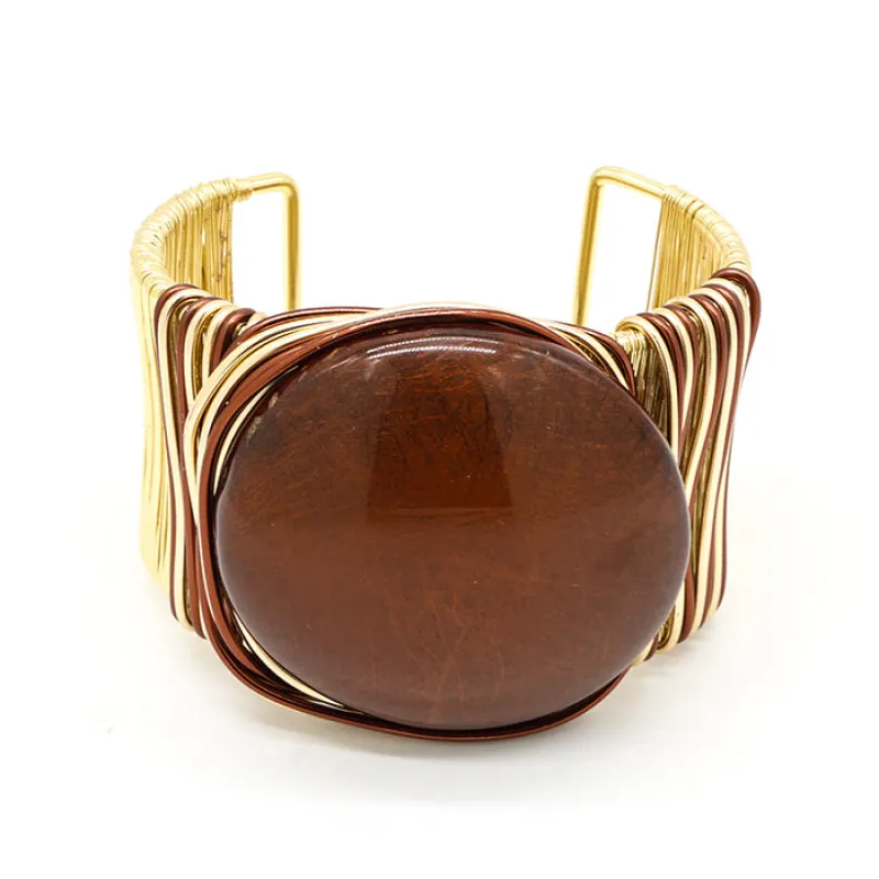 GOLD BROWN WIRE CUFF BANGLE BROWN STONE ( 80073 BR ) sold by Oh My Jewelry