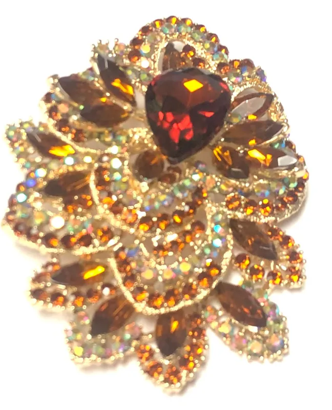 3 3/4" Gold with Brown Rhinestone Brooch ( 9112 GBR ) made by Oh My Jewelry