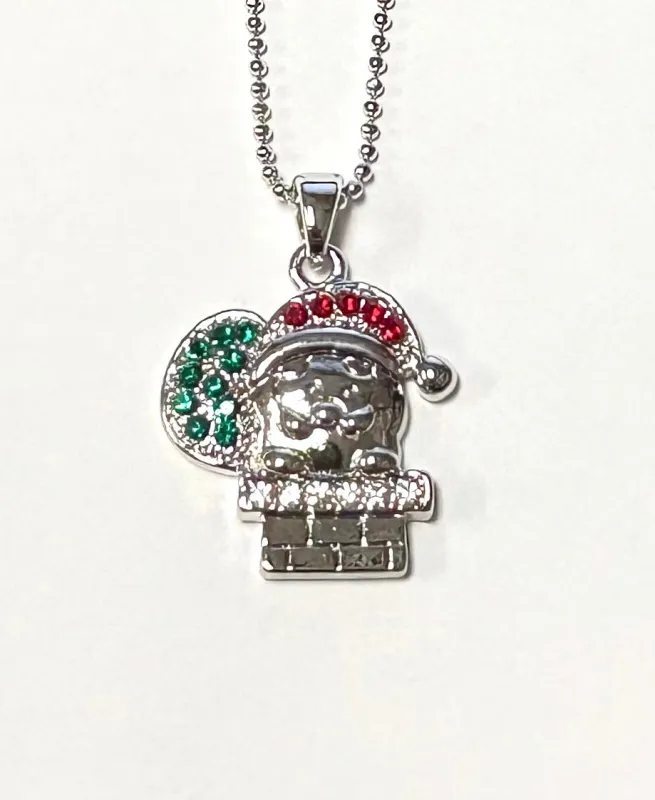 SILVER NECKLACE SANTA CHARM RED GREEN STONES ( 5712 ) sold by Oh My Jewelry