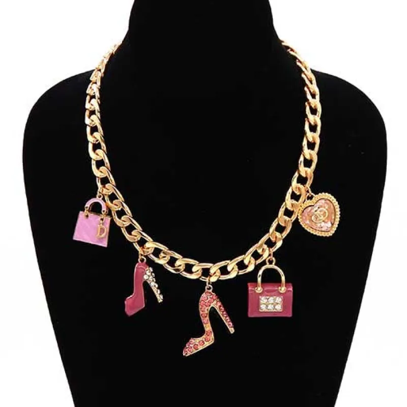 GOLD NECKLACE PINK CHARMS ( 8170 PK ) sold by Oh My Jewelry