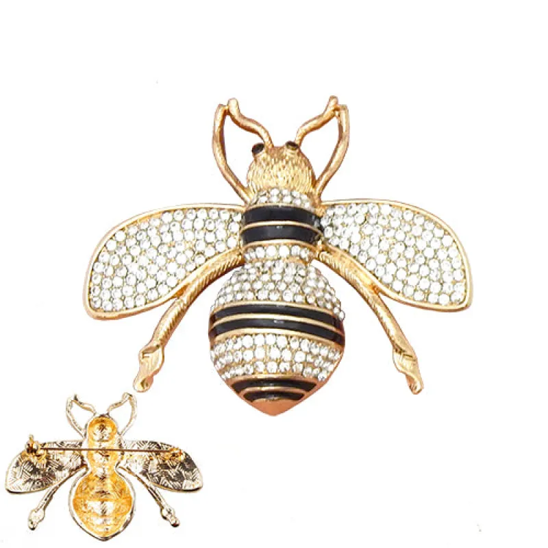 Large 2" GOLD Black Enamel and Clear Rhinestone Bee Brooch ( 2003 GDCLR ) sold by Oh My Jewelry