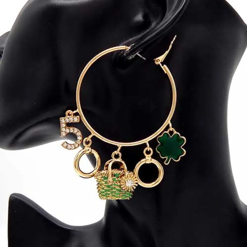 GOLD HOOP EARRINGS CHARMS GREEN STONES ( 8196 GDGRN ) sold by Oh My Jewelry