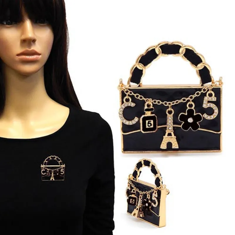 GOLD BLACK HANDBAG EIFFEL TOWER BROOCH ( 2171 GDBK ) made by Oh My Jewelry