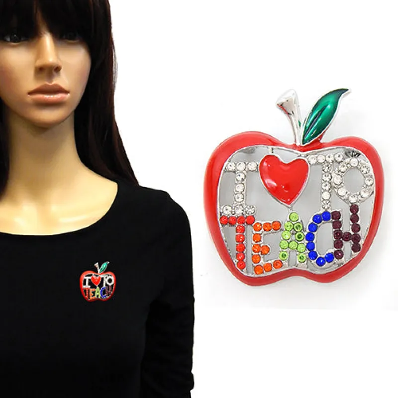 SILVER APPLE BROOCH I HEART TO TEACH ( 2212 RDMLT ) made by Oh My Jewelry