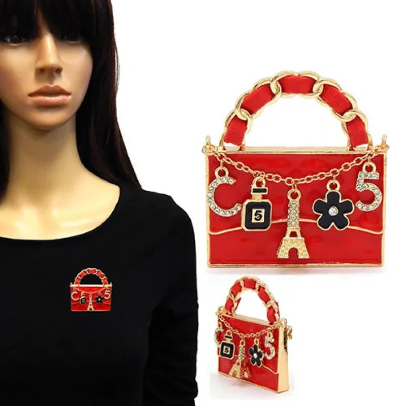 GOLD RED HANDBAG EIFFEL TOWER BROOCH ( 2171 GDREDBK ) made by Oh My Jewelry