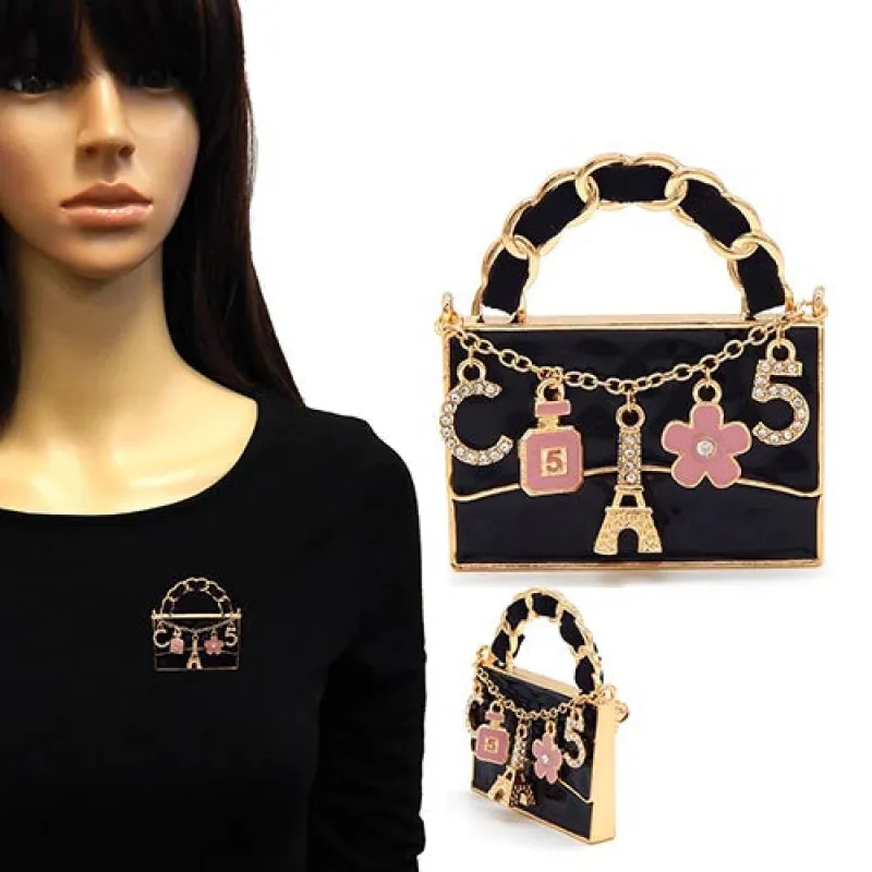 GOLD BLACK PINK HANDBAG EIFFEL TOWER BROOCH ( 2171 GDBKPNK ) made by Oh My Jewelry