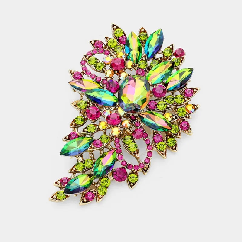 3.25" Gold Green AB Rhinestone Brooch Pin ( 1246VM ) made by Oh My Jewelry