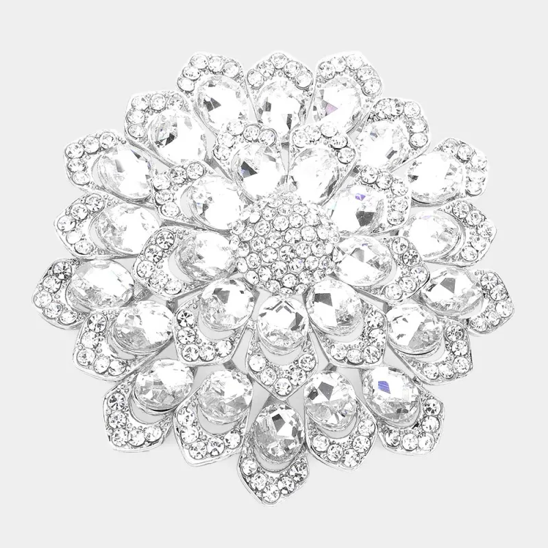 LARGE SILVER CLEAR CRYSTAL FLOWER PIN ( 1528 SCL ) sold by Oh My Jewelry