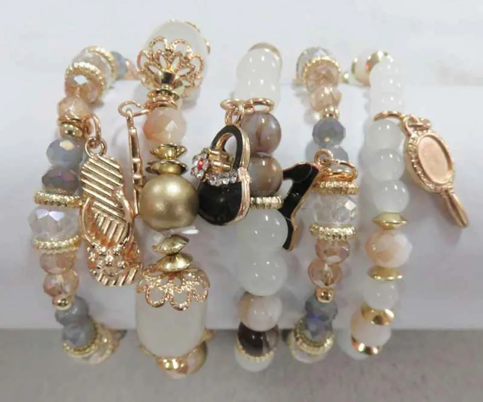 GOLD WHITE STRETCH BRACELETS BEAUTY CHARMS ( 5902 GWT ) sold by Oh My Jewelry