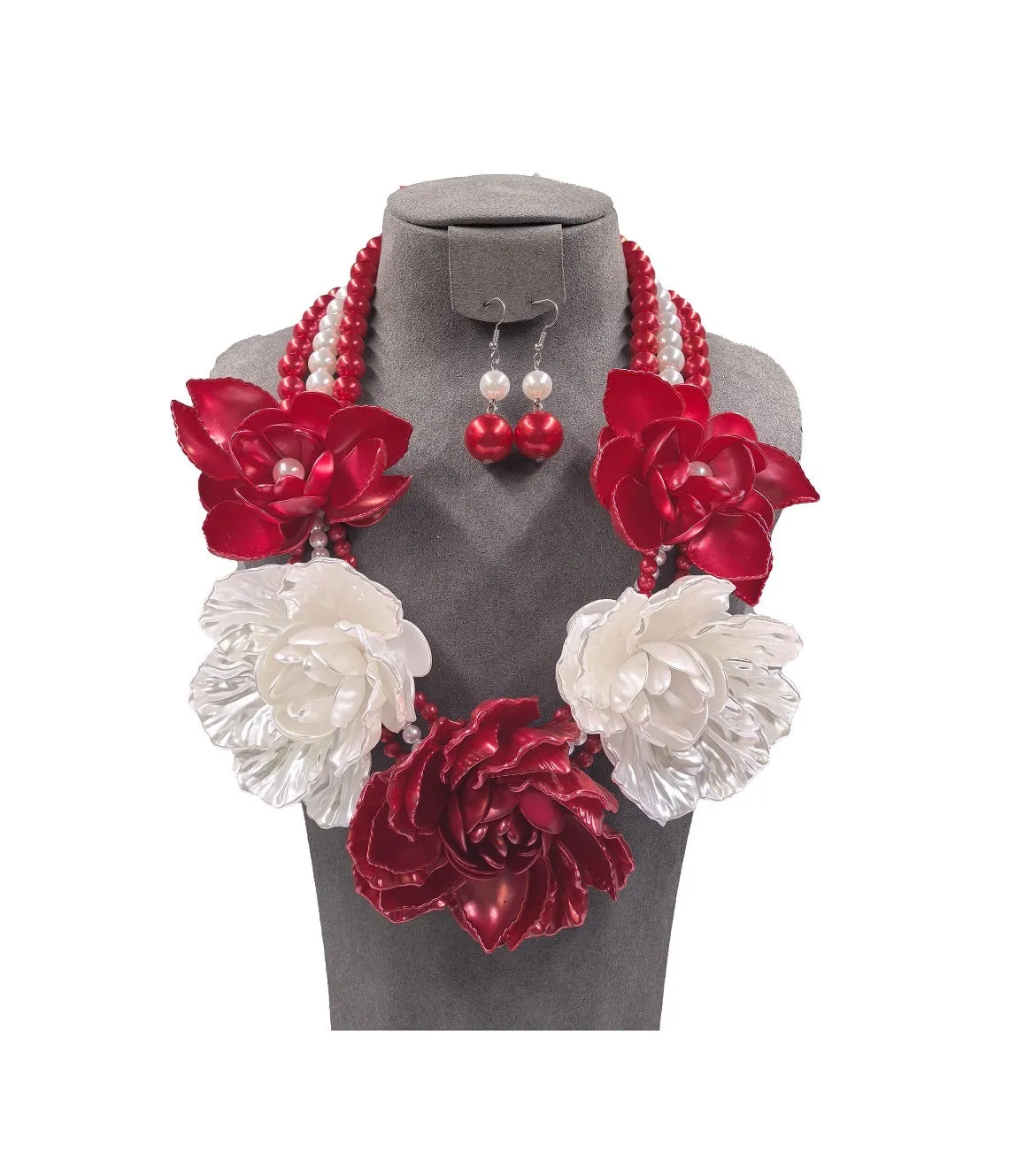 RED WHITE PEARL FLOWER NECKLACE SET ( 0196 3RDWH ) sold by Oh My Jewelry