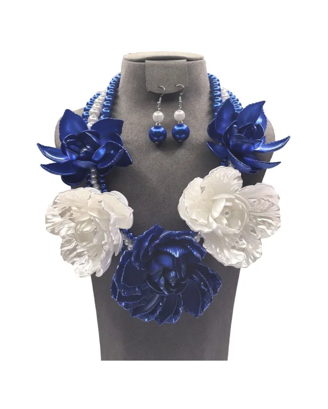 ROYAL BLUE WHITE PEARL FLOWER NECKLACE SET ( 0196 3RBWH ) sold by Oh My Jewelry