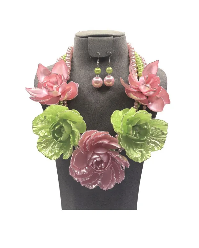 PINK GREEN PEARL FLOWER NECKLACE SET ( 0196 3PKGR ) sold by Oh My Jewelry