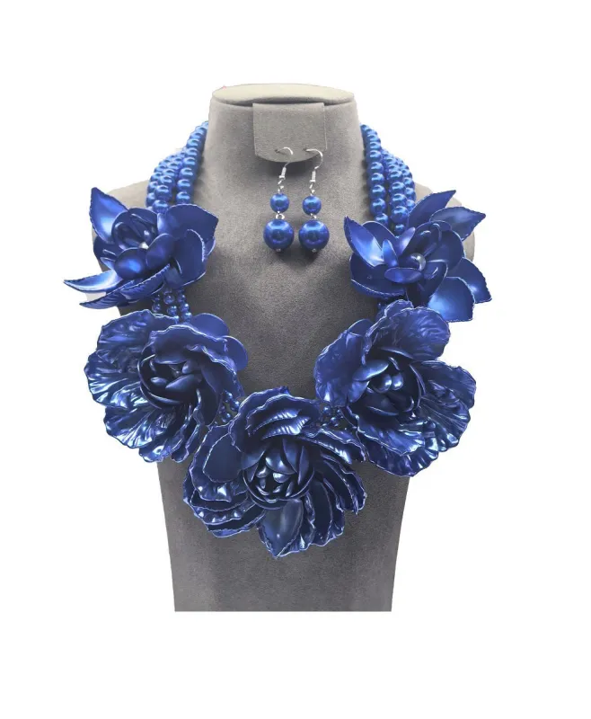 ROYAL BLUE PEARL FLOWER NECKLACE SET ( 0196 3RB ) sold by Oh My Jewelry