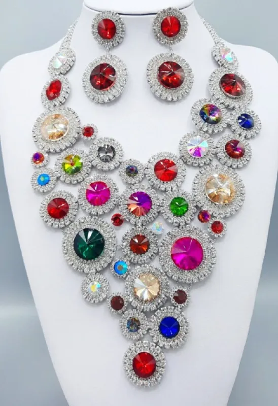 LARGE Silver NECKLACE SET Multi Color STONES ( 3190 RHMT ) sold by Oh My Jewelry