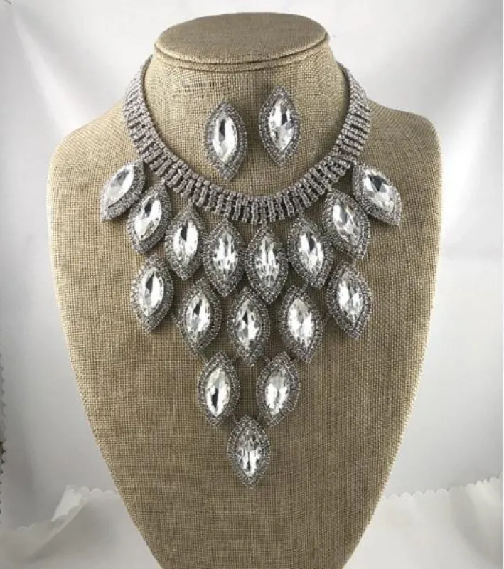 Silver Marquise Pave Statement Necklace with Stud Earrings ( 9029 RHCRY) sold by Oh My Jewelry