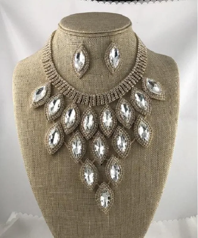 Gold and Clear Marquise Pave Statement Necklace with Stud Earrings ( 9029 GD) sold by Oh My Jewelry