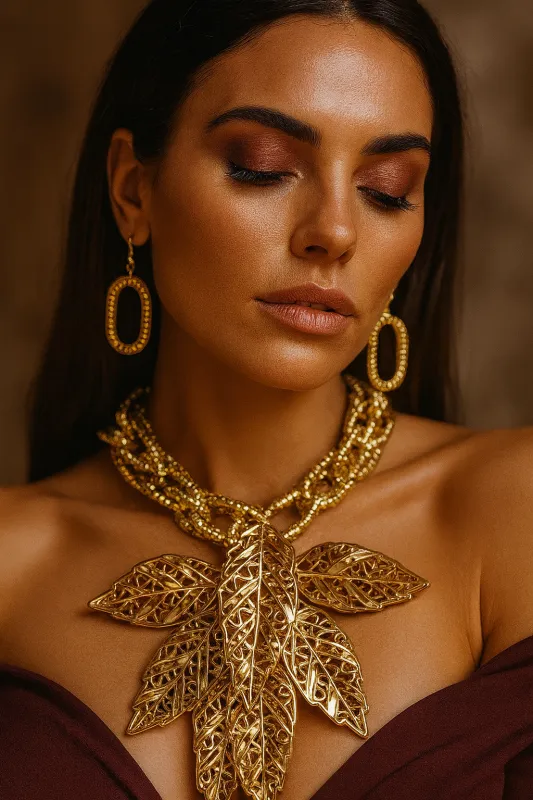 GOLD LEAF NECKLACE SET ( 11229 G ) sold by Oh My Jewelry