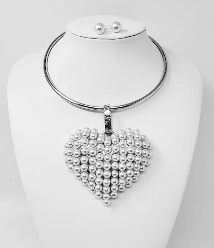 SILVER CHOKER NECKLACE SET HEART WHITE PEARLS ( 10206 RWH ) sold by Oh My Jewelry