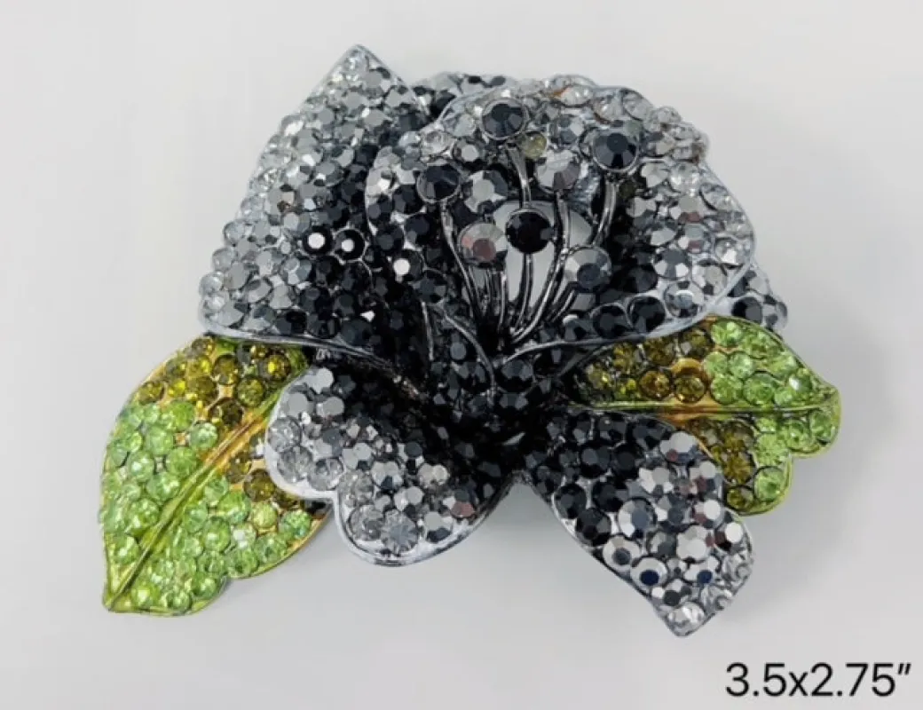 SILVER FLOWER BROOCH BLACK GREEN STONES ( 2640 BK ) made by Oh My Jewelry