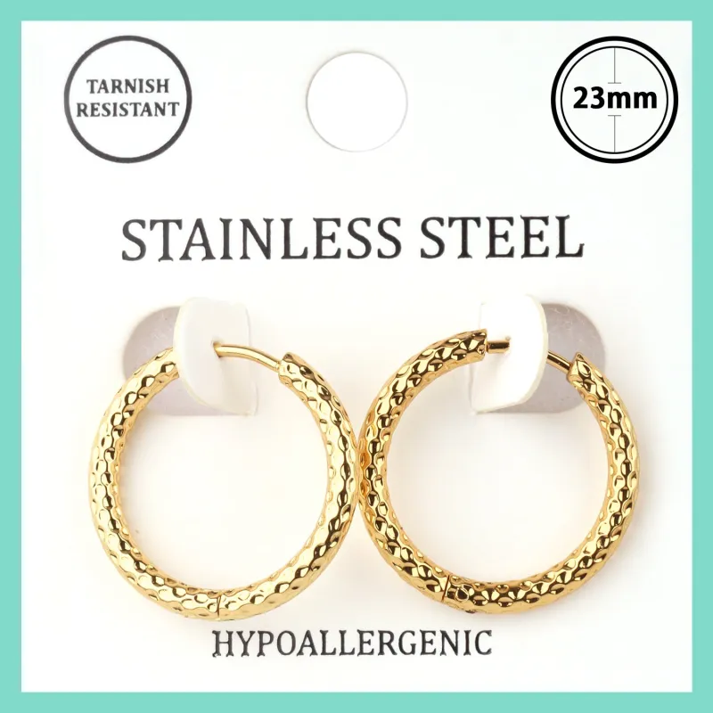 GOLD STAINLESS STEEL HUGGIE HOOP EARRINGS ( 7561 GD ) sold by Oh My Jewelry