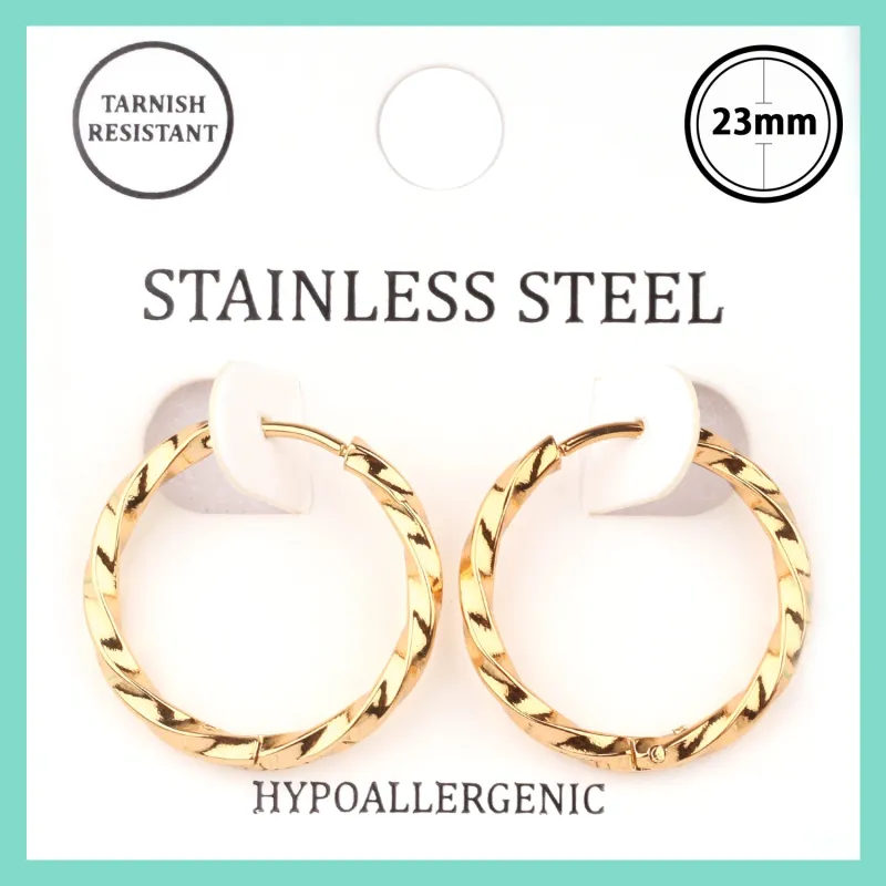 GOLD STAINLESS STEEL HUGGIE HOOP EARRINGS ( 7558 GD ) sold by Oh My Jewelry