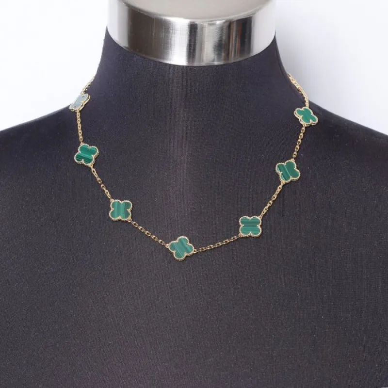 GOLD GREEN MALACHITE QUATREFOIL STAINLESS STEEL NECKLACE ( 5070 GGN ) sold by Oh My Jewelry