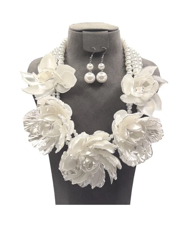 WHITE PEARL FLOWER NECKLACE SET ( 0196 3WH ) sold by Oh My Jewelry