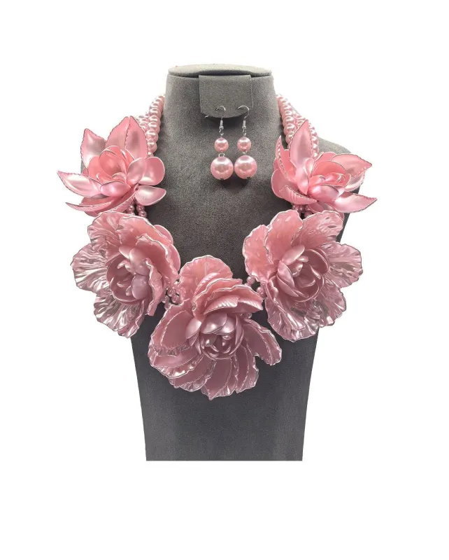 PINK PEARL FLOWER NECKLACE SET ( 0196 3PK ) sold by Oh My Jewelry
