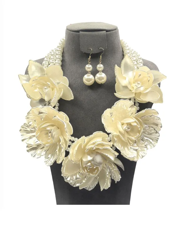 CREAM PEARL FLOWER NECKLACE SET ( 0196 2CR ) sold by Oh My Jewelry