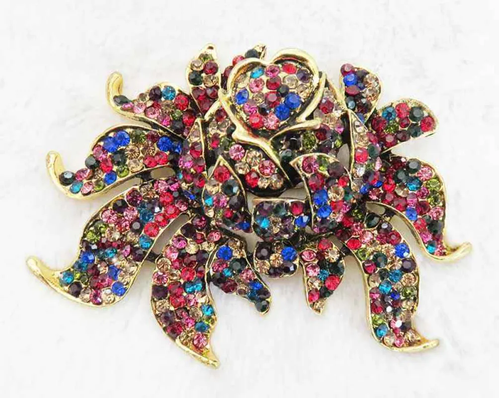 ANTIQUE GOLD ROSE BROOCH MULTI COLOR STONES ( 2973 ) made by Oh My Jewelry