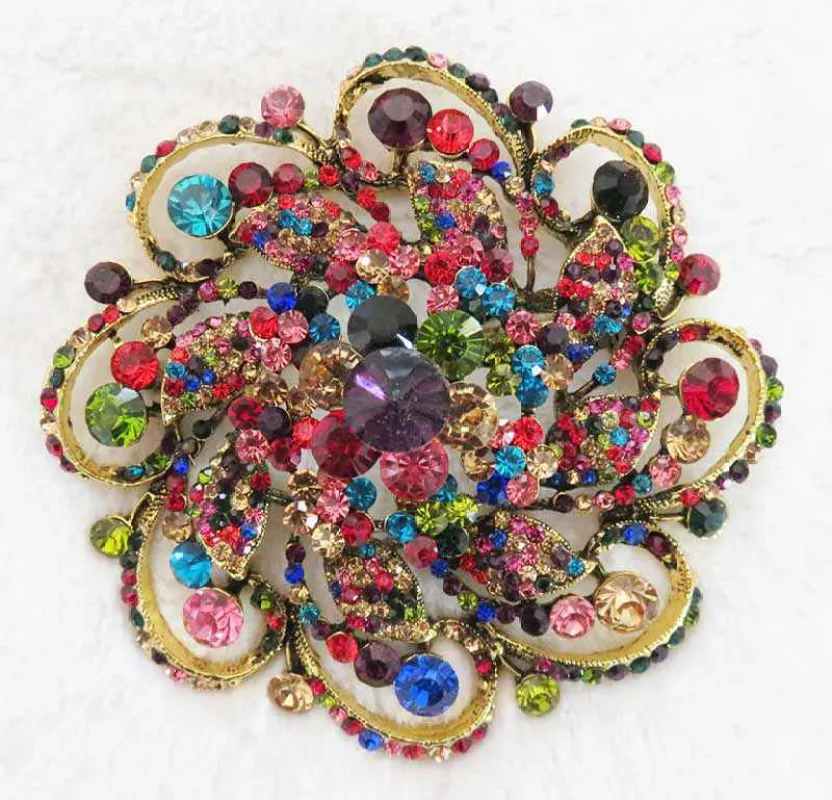 3.75" ANTIQUE GOLD BROOCH MULTI COLOR STONES FLORAL ( 2969 ) sold by Oh My Jewelry