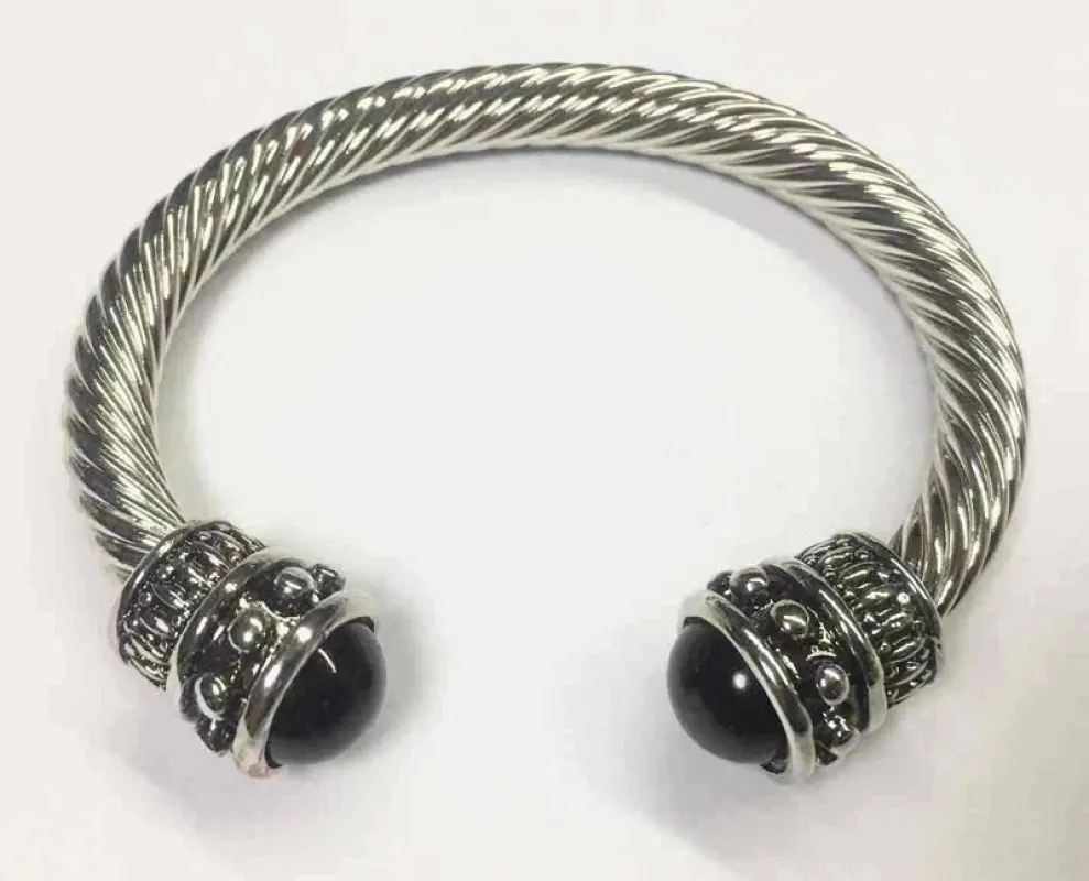 SILVER TWIST CABLE BANGLE BLACK PEARLS ( 739 BK ) sold by Oh My Jewelry