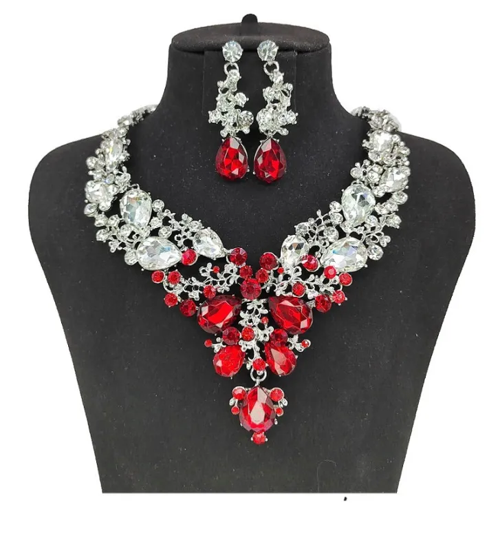 SILVER CLEAR RED Rhinestone Necklace Set ( 0058 3RDCL ) sold by Oh My Jewelry