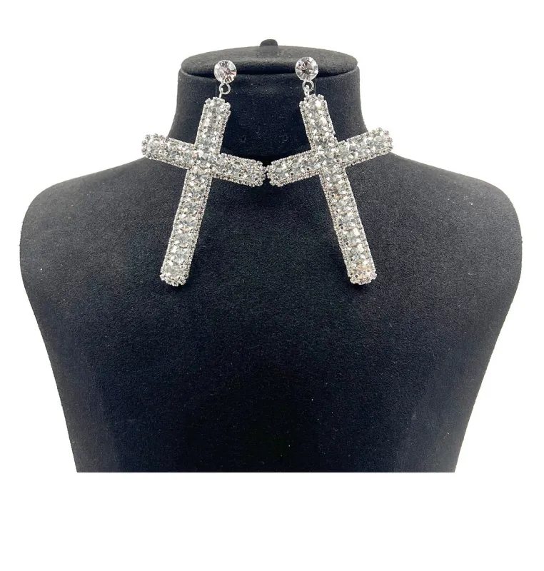 SILVER CLEAR CROSS EARRINGS ( 0520 1C ) sold by Oh My Jewelry