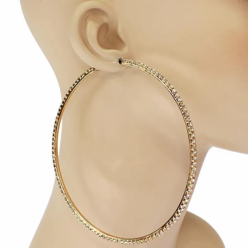100mm GOLD HOOP EARRINGS CLEAR STONES ( 0140 GCL ) sold by Oh My Jewelry